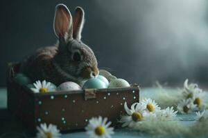 ai generato contento Pasqua, adorabile Pasqua coniglietto con Pasqua uova, colorato Pasqua uova, bandiera e sfondo foto