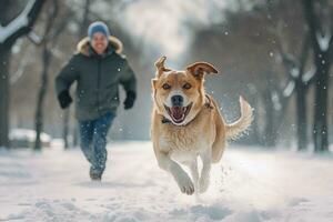 ai generato il servizio fotografico di un' contento cane corre con suo proprietario nel il parco, ai generativo foto