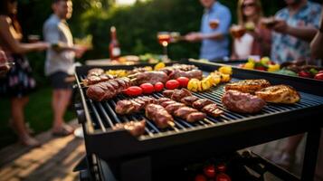 ai generato barbecue festa Giardino dietro la casa, un' barbecue piatto a un' festa fra amici o famiglia, ai generativo foto