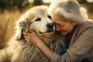 ai generato più vecchio anziano con animale domestico, un vecchio solitario donna con sua cane, ai generativo foto