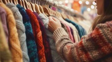 ai generato nel un' capi di abbigliamento negozio, vicino su mano di donna è la scelta un' inverno maglione, ai generativo foto