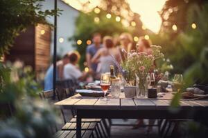 ai generato contento amici avendo divertimento all'aperto. gruppo di amici avendo Giardino dietro la casa cena festa insieme, ai generativo foto