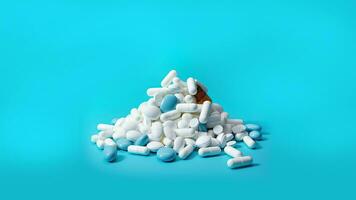 ai generato mucchio di bianca pillole e capsule su blu sfondo con copia spazio. foto