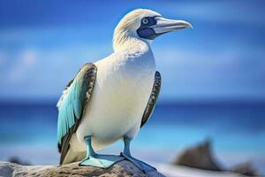 ai generato il raro dai piedi azzurri tonto riposa su il spiaggia. ai generato foto