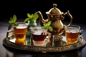 ai generato tradizionale marocchino tè impostato con decorativo teiere, occhiali, e menta le foglie. generativo ai foto