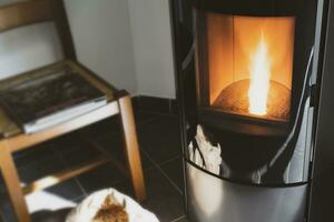 moderno domestico pellet fornello, granuli stufa con fiamme foto