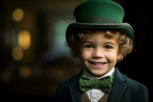 ai generato allegro poco ragazzo indossare tradizionale verde st. Patrick superiore cappello foto