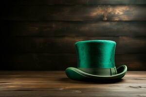 ai generato verde st. Patrick superiore cappello su di legno sfondo foto