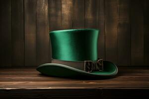 ai generato verde st. Patrick superiore cappello su di legno sfondo foto