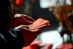 ai generato un' fortunato rosso pacchetto per persona nel Cinese nuovo anno. ai generativo foto