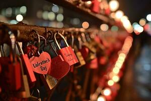 ai generato lucchetto nel forma di un' cuore su un' recinto tra molti altro lucchetti. san valentino giorno, amore e relazione concetto. generativo ai foto