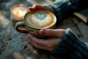 ai generato femmina mani Tenere un' tazza di caffè con schiuma su blu sfondo. caldo caffè con un' cuore. ai generativo foto