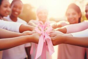 ai generato un internazionale consapevolezza giorno, donna hold rosa nastro cancro consapevolezza. ai generativo foto