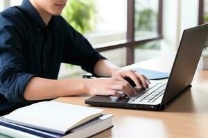 ai generato giovane alunno persona studiando con il computer portatile e libro nel il scuola biblioteca, apprendimento in linea. generativo ai foto