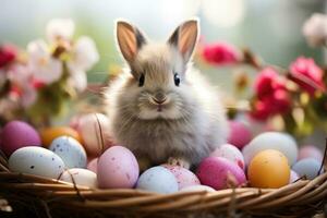 ai generato coniglietto circondato di colorato Pasqua uova. generativo ai foto
