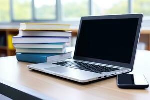 ai generato giovane alunno persona studiando con il computer portatile e libro nel il scuola biblioteca, apprendimento in linea. generativo ai foto