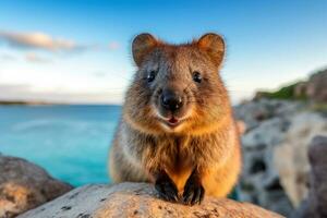 ai generato un' gioioso Quokka invita voi per visitare marcio isola nel perth, Australia. generativo ai foto