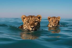 ai generato un' vicino su di un' leopardo nuoto nel un' corpo di acqua. generativo ai foto