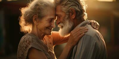 ai generato anziano coppia abbraccia teneramente, involucro ogni altro nel gli amori calore, ai generato foto