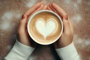 ai generato femmina mani Tenere un' tazza di caffè con cuore schiuma . caldo caffè con un' cuore. ai generativo foto