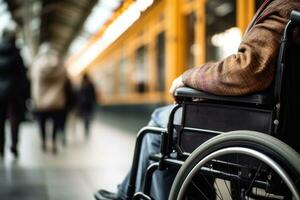 ai generato avvicinamento di Disabilitato persona equitazione nel sedia a rotelle a treno stazione . invalidità assicurazione. generativo ai foto