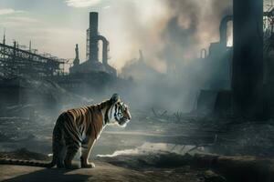 ai generato tigre su industriale fabbrica la zona. creare ai foto