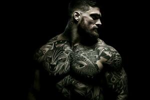 ai generato grassetto uomo tatuaggi muscolo. creare ai foto