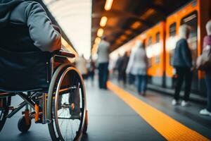 ai generato avvicinamento di Disabilitato persona equitazione nel sedia a rotelle a treno stazione . invalidità assicurazione. generativo ai foto