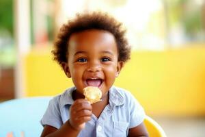 ai generato africano bambino sorridente e mangiare un' piatto pieno di cibo. generativo ai foto