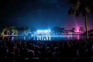 ai generato applauso folla a concerto nel davanti di luminosa luci su spiaggia . ai generativo foto