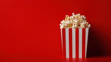 ai generato a strisce scatola con Popcorn su il rosso sfondo, copia spazio. merenda, film, film, cinema foto