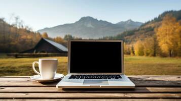 ai generato campeggio spazio di lavoro ai generato il computer portatile modello foto