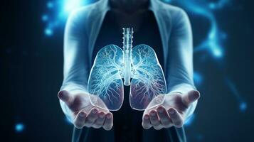 ai generato Tenere umano polmoni ologramma ai generato biotecnologia avvicinamento Immagine foto