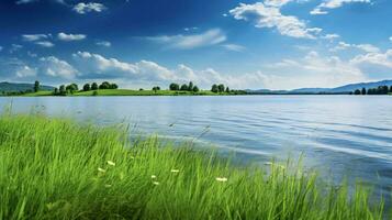 ai generato un' lago con erba e fiori su il riva foto