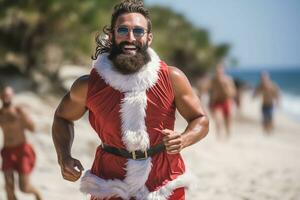 ai generato attraente muscolare giovane uomo indossare un' Santa Claus indumento in esecuzione a spiaggia e sorridente a il telecamera foto