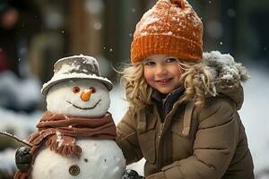 ai generato bambino costruire pupazzo di neve nel caduta neve foto