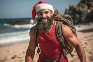 ai generato attraente muscolare giovane uomo indossare un' Santa Claus indumento in esecuzione a spiaggia e sorridente a il telecamera foto