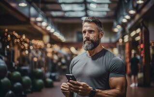 ai generato un' uomo con un' Telefono nel il suo mani nel il palestra. manubri e kettlebell nel il sfondo foto