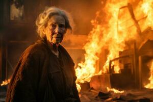 ai generato un vecchio donna in piedi nel davanti di un' ardente edificio bokeh stile sfondo con generativo ai foto