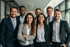 ai generato attività commerciale lavoro di squadra sorridente nel il ufficio bokeh stile sfondo con generato ai foto