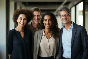 ai generato attività commerciale lavoro di squadra sorridente nel il ufficio bokeh stile sfondo con generato ai foto