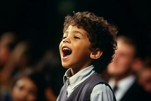 ai generato un' giovane ragazzo cantando su il palcoscenico bokeh stile sfondo con generato ai foto