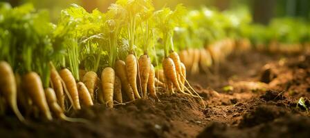 ai generato avvicinamento di salutare biologico carota verdura in crescita nel ricco giardino suolo con naturale sfondo foto