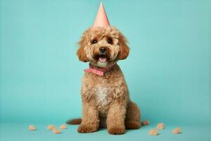 ai generato gioioso cane indossare festa cappello celebra compleanno con caduta coriandoli su pastello sfondo foto