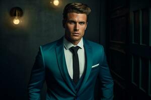 ai generato bello uomo modello indossare blu completo da uomo bokeh stile sfondo con generato ai foto