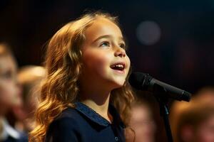 ai generato un' giovane ragazza cantando su il palcoscenico bokeh stile sfondo con generato ai foto