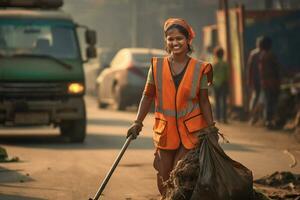 ai generato un' femmina strada spazzatrice lavoratore sorridente bokeh stile sfondo con generativo ai foto