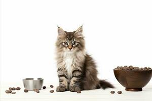 ai generato domestico soriano gatto con cibo ciotola, isolato su bianca sfondo, copia spazio per testo posizionamento foto