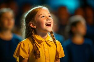 ai generato un' giovane ragazza cantando su il palcoscenico bokeh stile sfondo con generato ai foto