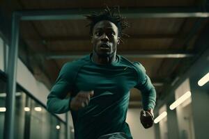 ai generato un africano americano uomo jogging bokeh stile sfondo con generativo ai foto